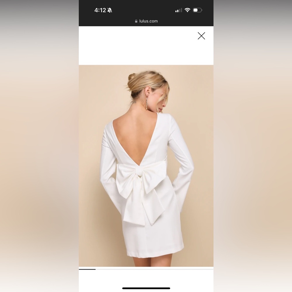 NWT Elegant Cutie Ivory Bow Long Sleeve Backless Mini Dress